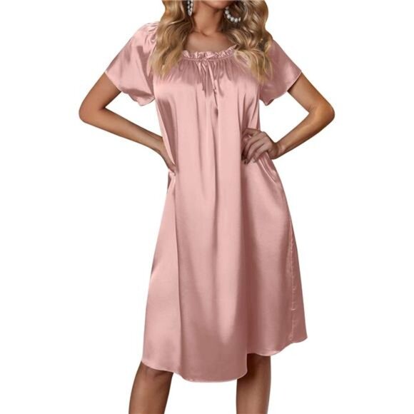 Women's Satin Silk Pleated Nightgown Short Sleeve A-Line Sleepwear